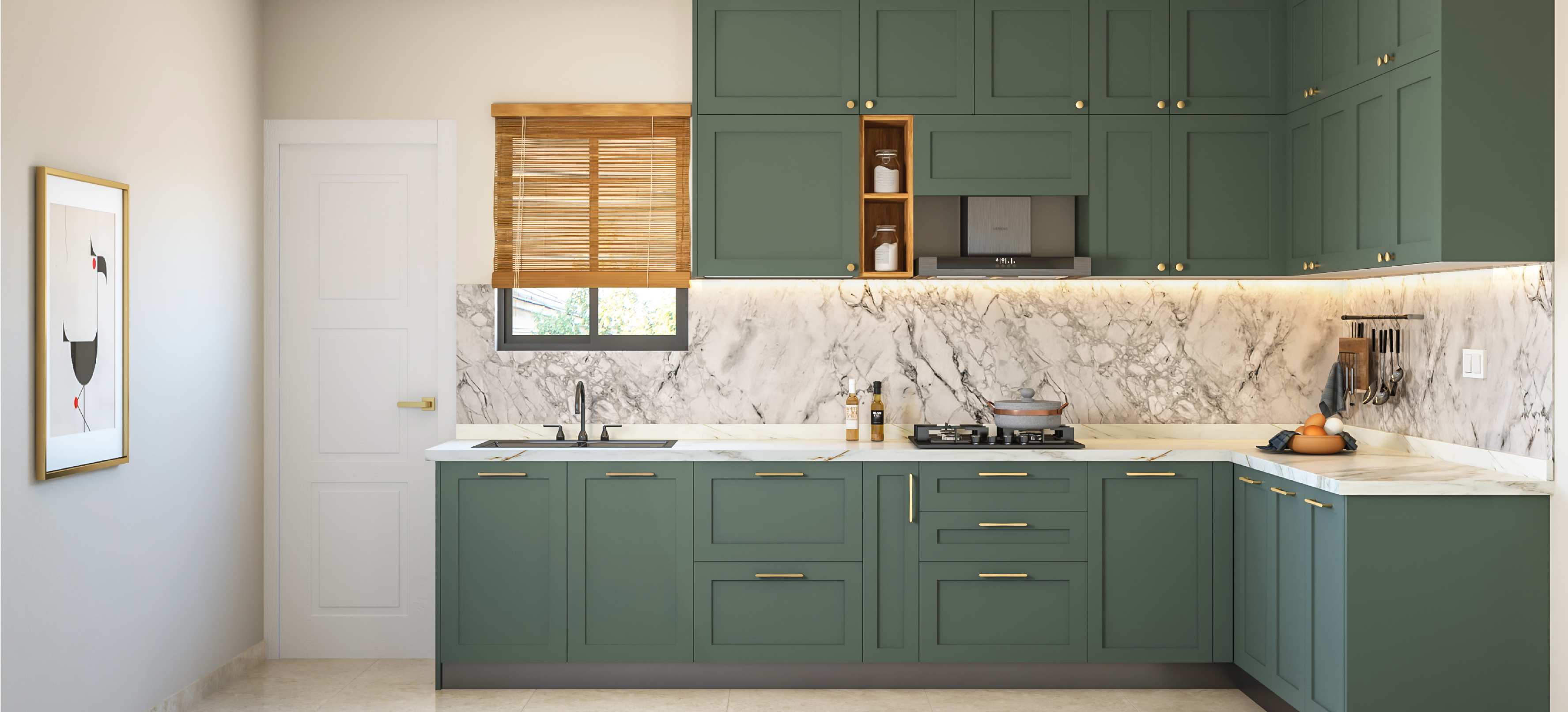 Kitchen with coordinated hardware and faucet finishes